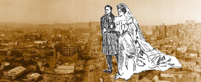 Image: Wedding couple with 1906 destruction of San Francisco in background.